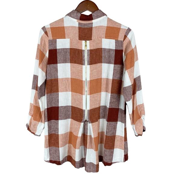 Soft Surroundings Carreaux Shirt Button Front Plaid Linen Blend Zipper Women’s M - Picture 5 of 9